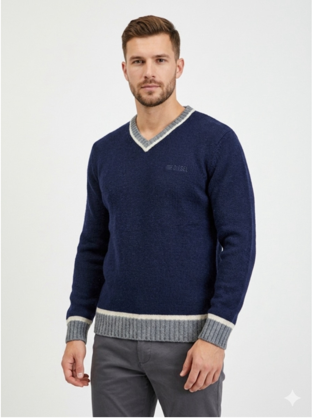 Vintage Diesel V-Neck Knit Sweater Navy Blue Gray Trim Spellout Men's XL 1915